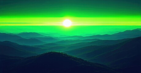 Fototapeta premium Green landscape features layered mountains, bright sun. Hues create dramatic, atmospheric perspective. Peaceful scenery evokes calm feelings.