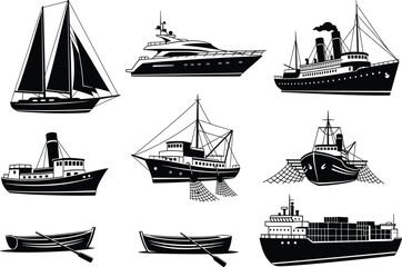 Boat silhouette collection, sailboat, yacht, steamship, passenger boat, fishing trawler, cargo ship, rowboat, maritime icons, black vector illustration