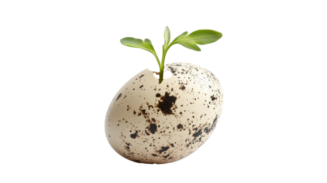 A quail egg with a delicate crack, from which a small green sprout emerges. png