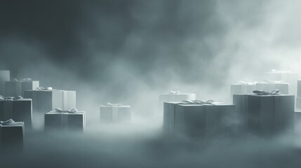 Create captivating holiday visuals featuring mysterious gifts in the mist, ideal for e-commerce and marketing. Evoke a whimsical, magical vibe that engages customers and boosts brand visibility