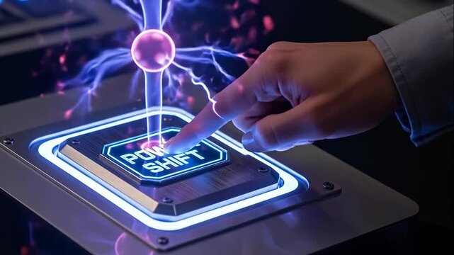 Hand Pressing Futuristic Power Shift Button - Close-up of a hand activating a glowing power shift button with plasma energy effects.