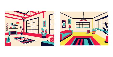 Spacious loft interior blending global cultural influences with modern minimalist design vector art design