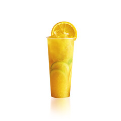 Cold lemon orange fruit tea in clear cup, isolated on white background
