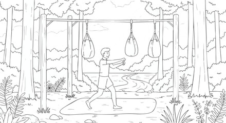Black and white illustration of a person exercising outdoors with punching bags in a serene forest, depicting a healthy and active lifestyle in nature