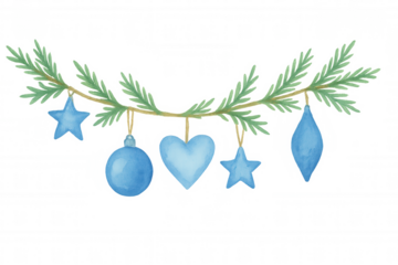 Watercolor christmas garland featuring blue ornaments, various festive shapes, hanging on a pine tree branch. Transparent background