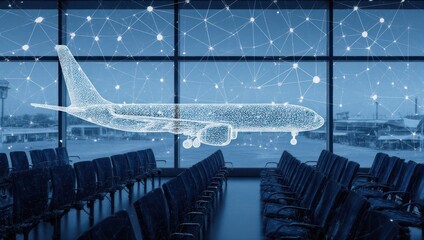 Futuristic airplane hologram hovers over empty airport gate lounge, symbolizing global connectivity and advanced travel technology.
