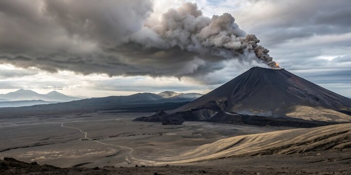 Volcanic Eruption with Ash Cloud and Distant Mountains volcano smoke