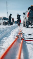In a cold winter setting with snow-covered surroundings, recovery straps are displayed ready for use, demonstrating preparedness for vehicle towing and rescue efforts in harsh, icy winter landscapes.