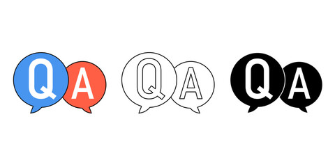 Question and Answer icon set, Q and A speech bubble design, communication support, customer service help, FAQ concept, discussion and feedback symbol illustration.