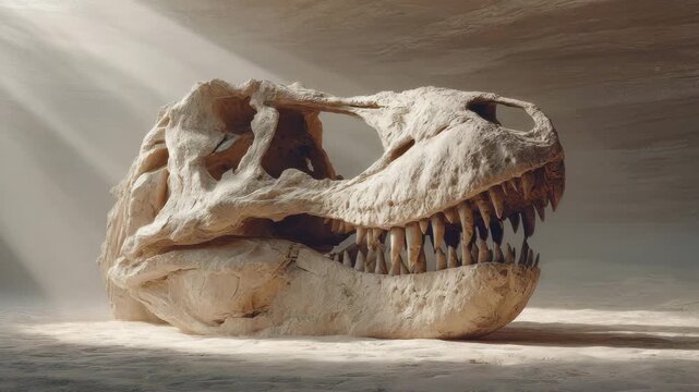Paleontological Specimen Beige Tyrannosaurus Rex Skull in Sunlit Cave