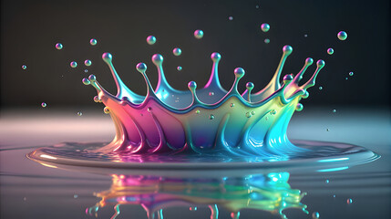 Iridescent liquid splash with glowing droplets neon