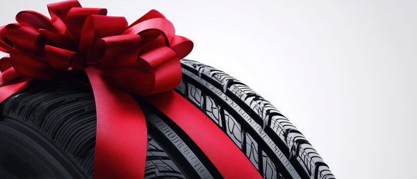 Fototapeta Brand new car tire decorated with red gift bow
