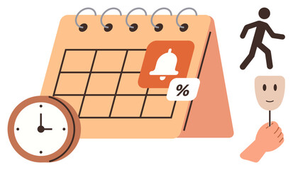 Calendar with a notification icon, analog clock, walking figure, and hand holding a mask. Ideal for time planning, organization, reminders, work-life balance, productivity scheduling