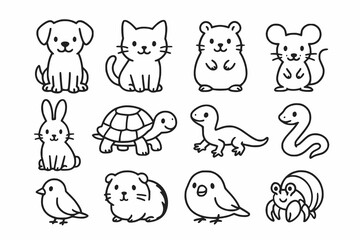 Obraz premium Cute Pet Icon Set in Minimal Black Line Art Style with Playful Cartoon Illustrations