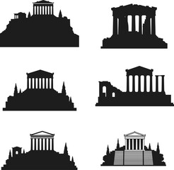 This vector silhouette collection of the Parthenon temple on the Acropolis, a famous landmark of Athens, showcases iconic ancient Greek architecture styles