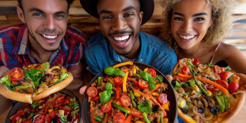 Happy friends enjoying colorful fresh pizza together