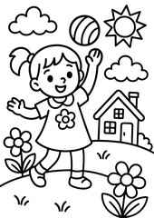 Kids Coloring Book Page Cute Girl Playing Outdoors with Ball, Flowers, and House  Bold Black Outline Illustration