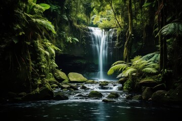 Cascading waterfall amidst verdant jungle foliage forest lush