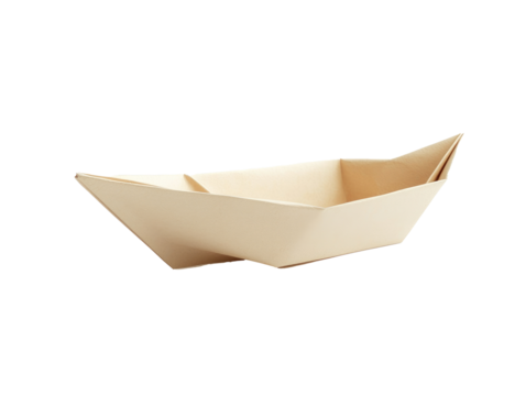A simple origami paper boat on a whitie background, clean folds and crisp edges, light beige paper texture, isolated object png