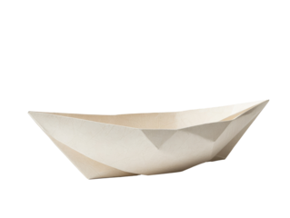 A simple origami paper boat on a whitie background, clean folds and crisp edges, light beige paper texture, isolated object png