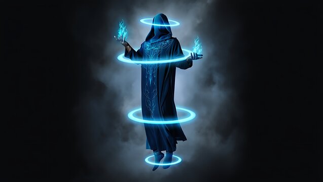 Mystical hooded figure levitating with glowing blue energy and fire magic fantasy