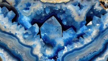 Stunning close-up of vibrant blue crystal geode interior with intricate layers and sparkling facets, showcasing natural beauty and geological wonder