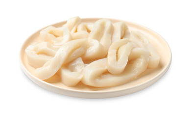 Many uncooked squid rings isolated on white