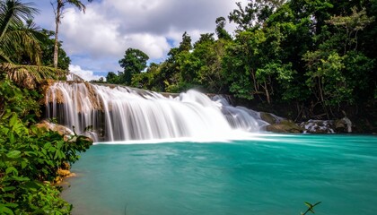 Powerful waterfall cascades into turquoise pool surrounded by lush greenery, creating serene and vibrant natural scene