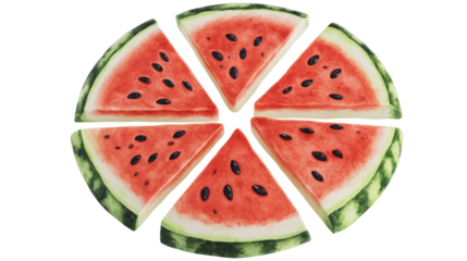 A top-down view of a fresh, juicy watermelon cut into six triangular slices, arranged in a circular pattern  png
