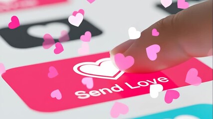 Finger Pressing Send Love Button with Pink Hearts - Close-up macro shot of a fingertip pressing a "Send Love" button on a digital screen, surrounded by animated pink hearts.