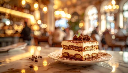 Exquisite Italian tiramisu dessert on a marble table with coffee beans and warm cafe bokeh.