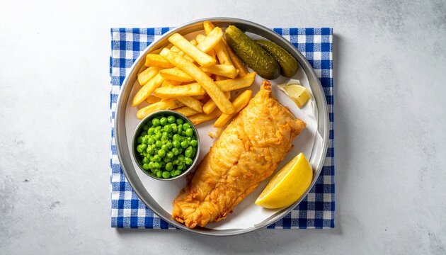 Overhead view of crispy fish and chips with peas, pickles, and lemon.