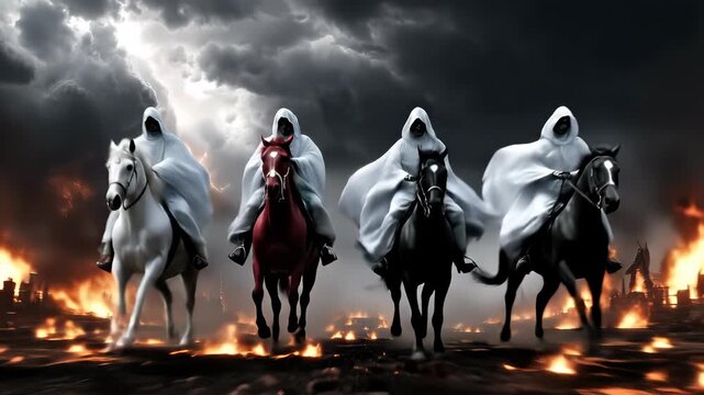 Video judgment day: apocalypse emissary, conquest ghost, war shadow, famine messenger, death symbol, cataclysm portent, ruin destiny, ancient lore, divine fury, ominous myth, celestial terror,