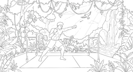 Boxer Training in a Jungle Setting with Lush Vegetation, Waterfall and an Open Ring