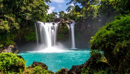 Fototapeta premium Powerful waterfall plunges into vibrant turquoise pool surrounded by lush greenery, creating serene and refreshing scene