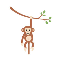 Playful cartoon monkey character hanging from a tree branch. A cute and simple flat design concept for wildlife and nature illustration