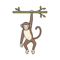 Cute Cartoon Monkey Hanging From a Branch Illustration of a Playful Primates