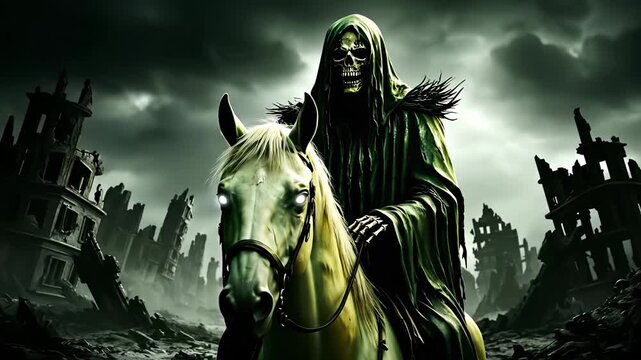 Video judgment day: apocalypse emissary, conquest ghost, war shadow, famine messenger, death symbol, cataclysm portent, ruin destiny, ancient lore, divine fury, ominous myth, celestial terror,