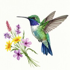 Fototapeta premium Watercolor painting of a hummingbird hovering near a bouquet of wildflowers isolated on white background