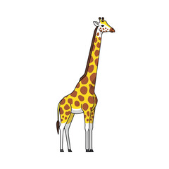 Cartoon illustration of a giraffe standing tall, showcasing its long neck and distinctive brown spots on a yellow coat.