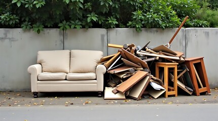 Discarded beige loveseat sits beside a large pile of debris and broken furniture against a concrete wall outdoors