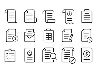 Web vector icons for Invoice, bill, receipt, tax and payment concept editable stroke outline. A icons set  a black document and business office file set.