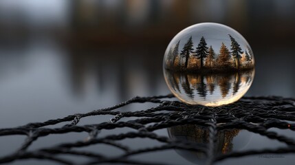 A macro shot of a water droplet on a spiderweb, with a miniature, upside-down reflection of a forest. The image captures the magical detail of nature's hidden worlds