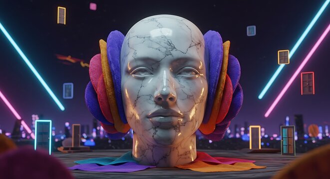 Dreamlike marble head in futuristic cityscape with flying doors and vibrant lights, ideal for creative and conceptual projects,Generated Image