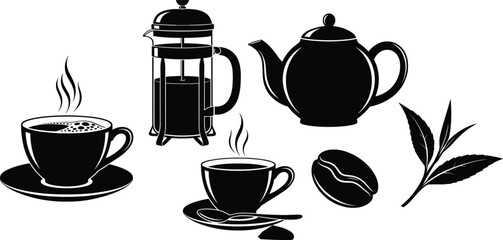 Coffee and tea icons, French press, teapot, steaming cups, coffee bean, tea leaves, cafe elements, black and white illustration