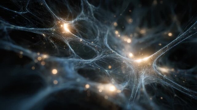 Abstract visualization of a neural network or brain activity showing neurons firing and communicating with each other through a complex web of synaptic connections on a dark background