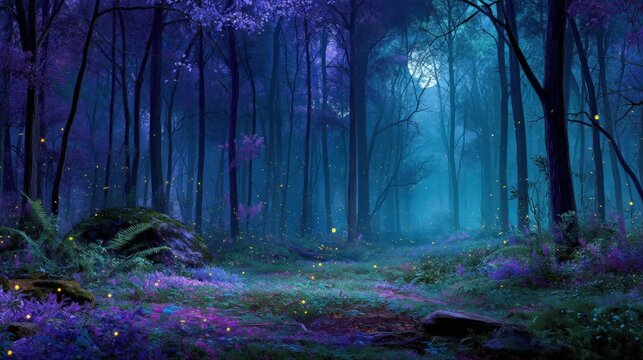A magical nighttime scene of a misty forest, with a path leading through vibrant purple and blue foliage. Glowing fireflies and mystical lights create an enchanting, fairytale atmosphere