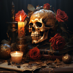 Golden Skull with Red Roses and Candlelight, Gothic Vanitas Still Life