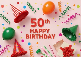 50th Happy Birthday Party Illustration with Balloons Hats Streamers Confetti and Wrapped Gifts on Pink Background — Milestone Birthday Card, Invitation, Social Post, and Decoration Graphic