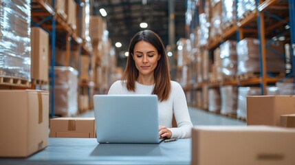 A woman works on a laptop surrounded by boxes in a warehouse setting, illustrating logistics and productivity.